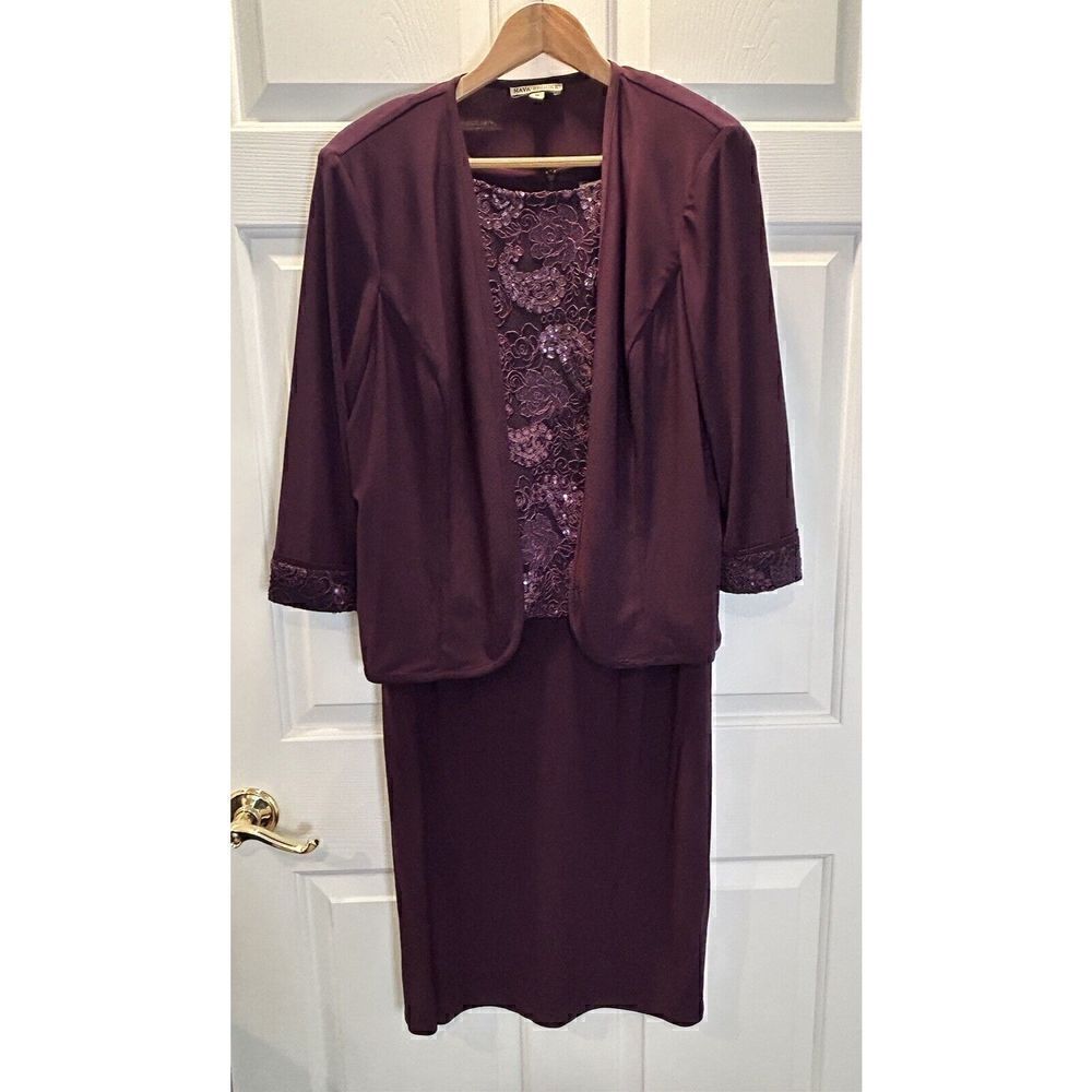 Maya Brooke 3/4 Sleeve Sequin Embroidered Jacket and Dress Eggplant Paisley